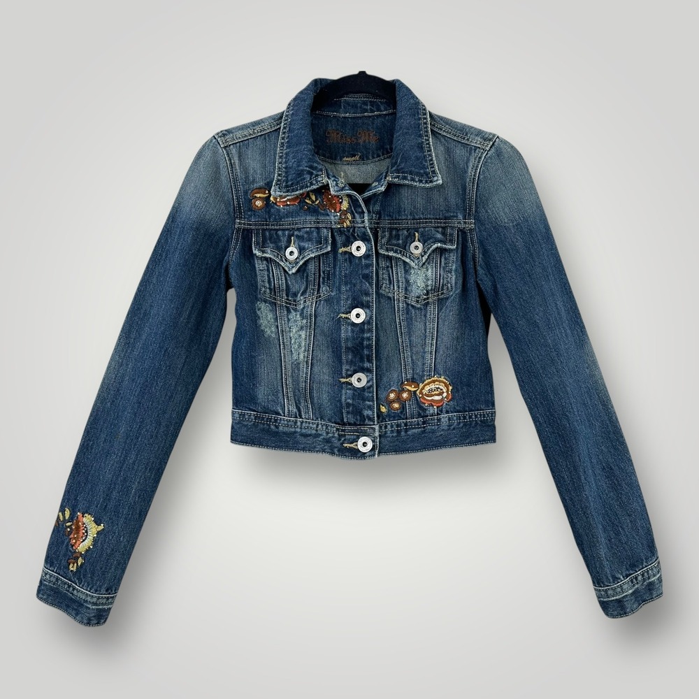 Miss Me Denim Jacket Womens Small Blue Embroidered Floral La Quinta Western Boho - Picture 2 of 13
